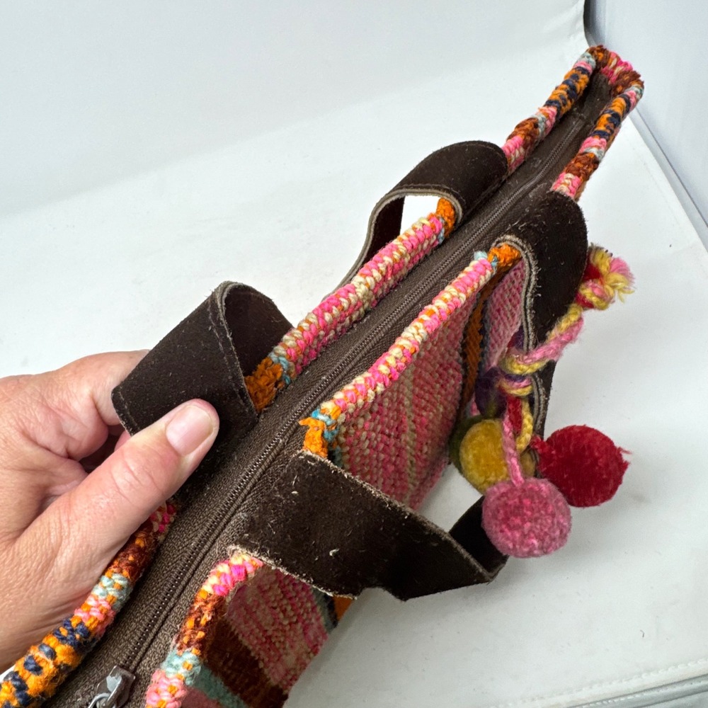 Peruvian Connection Handwoven Tote Bag Pink Striped Wool Pom Pom Boho Artisan - Picture 10 of 12